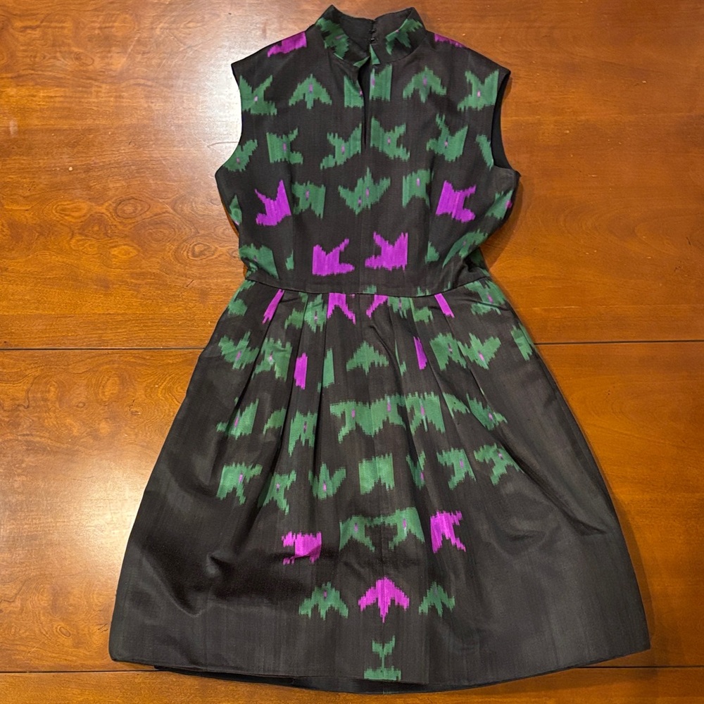 Oscar de la Renta‎ Black Midi Dress with Green & Purple Motif